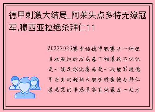 德甲刺激大结局_阿莱失点多特无缘冠军,穆西亚拉绝杀拜仁11