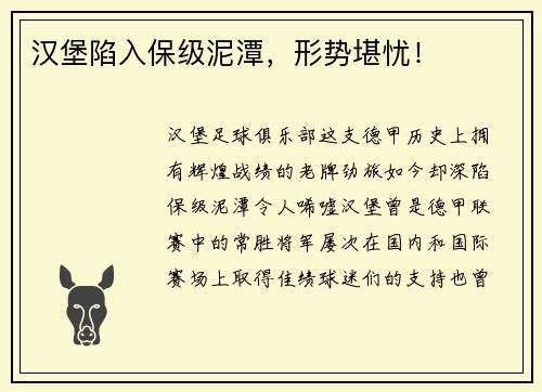 汉堡陷入保级泥潭，形势堪忧！