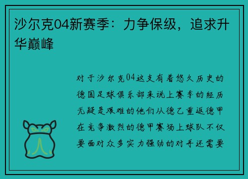 沙尔克04新赛季：力争保级，追求升华巅峰