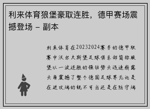 利来体育狼堡豪取连胜，德甲赛场震撼登场 - 副本