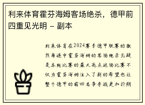 利来体育霍芬海姆客场绝杀，德甲前四重见光明 - 副本