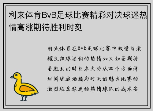 利来体育BvB足球比赛精彩对决球迷热情高涨期待胜利时刻