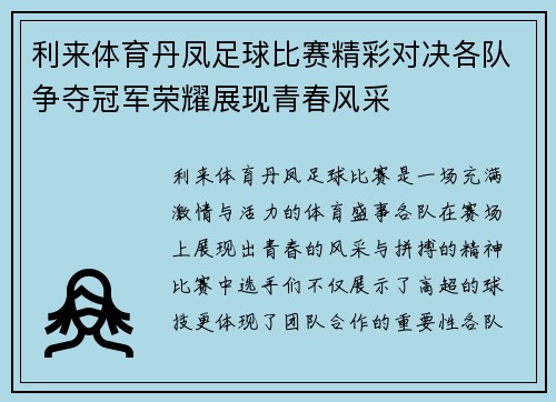 利来体育丹凤足球比赛精彩对决各队争夺冠军荣耀展现青春风采